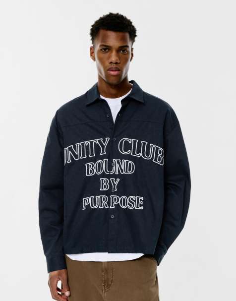 Pull&Bear – Mörkblå skjorta med 'Unity Club'-broderi - view 1