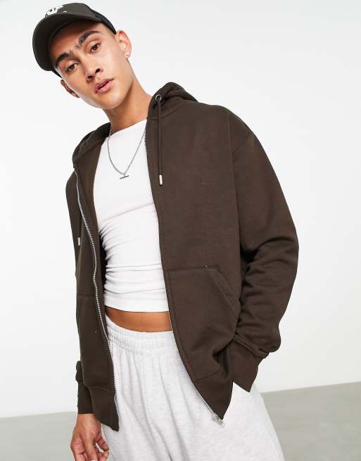 Pull&Bear – Mörkbrun huvtröja i plysch med dragkedja