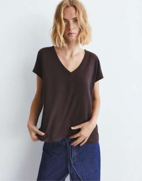 Pull&Bear – Mörkbrun t-shirt i linnemix med v-ringning - view 1