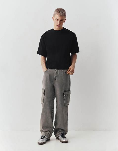 Pull&Bear – Mörkgrå cargojeans med baggy-stil - view 1