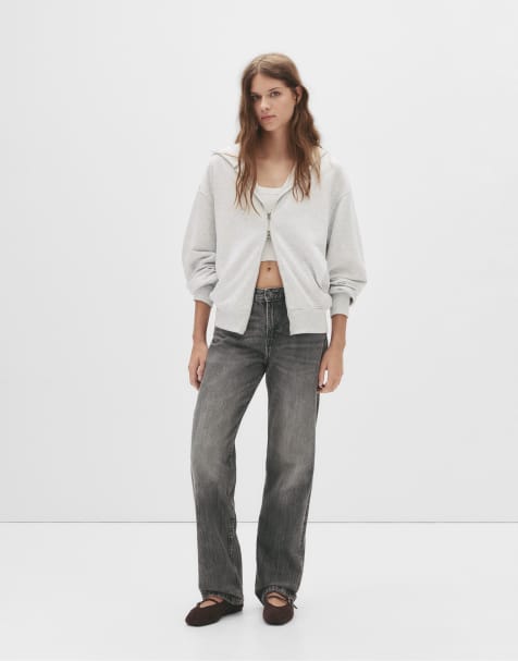 Pull&Bear – Mörkgrå jeans med raka ben och medelhög midja - view 1