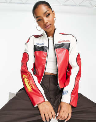 Pull&Bear motorcross faux leather jacket in red, black & white