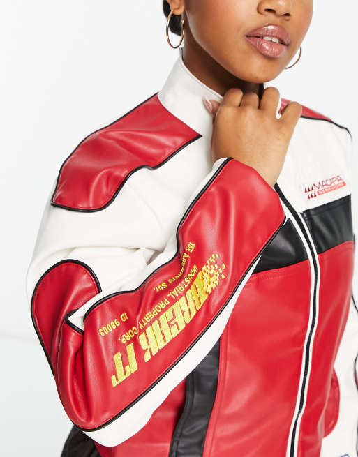 Pull&Bear motorcross faux leather jacket in red, black & white