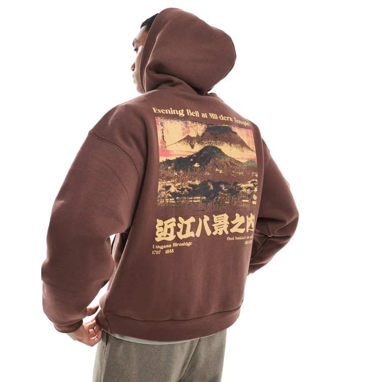 Pull&Bear mountain back printed hoodie in brown | ASOS