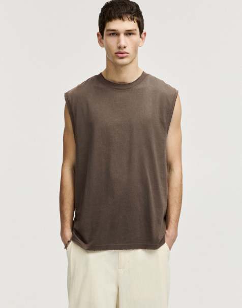 Pull&Bear - Mouwloos T-shirt met in chocoladebruin met wassing - view 1