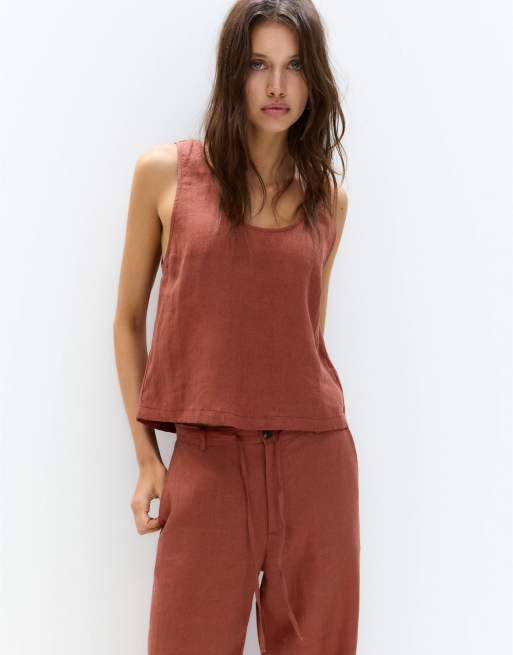 Pull&Bear - Mouwloze linnen cropped top in oranje