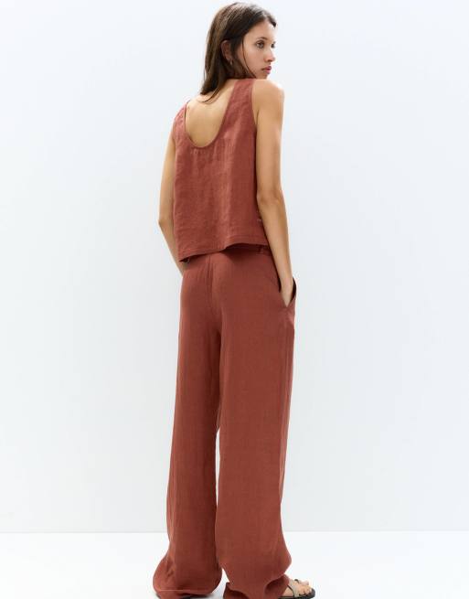 Pull&Bear - Mouwloze linnen cropped top in oranje, 2 van 4