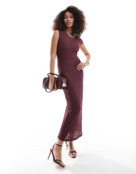 Pull&Bear - Mouwloze maxi jurk van kant in bordeauxrood - view 1