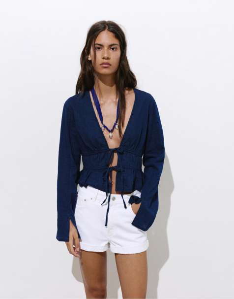 Pull&Bear - Mørkeblå denimoverdel med bindebånd - view 1