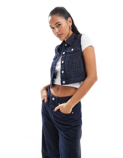 Pull&Bear - Mørkeblå denimvest i skyllevask med striber - Del af sæt