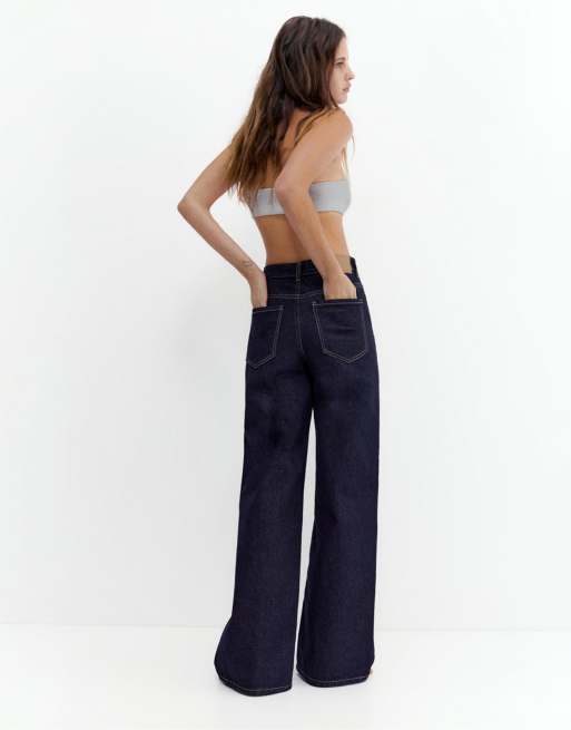Pull&Bear - Mørkeblå jeans med brede ben, 3 af 4