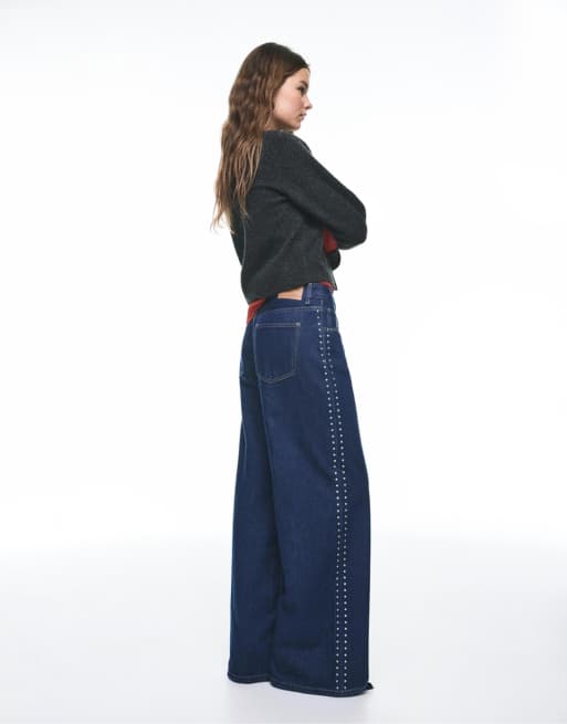 Pull&Bear - Mørkeblå jeans med vide ben og nitter, 2 af 4