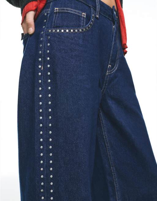 Pull&Bear - Mørkeblå jeans med vide ben og nitter, 4 af 4