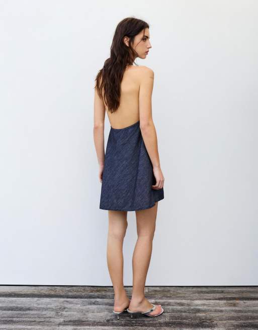 Pull&Bear - Mørkeblå kort kjole med halterneck i denim, 3 af 6
