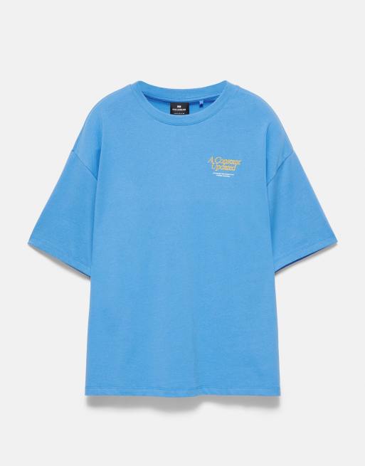 Pull&Bear - Mørkeblå T-shirt med broderet grafik, 4 af 4