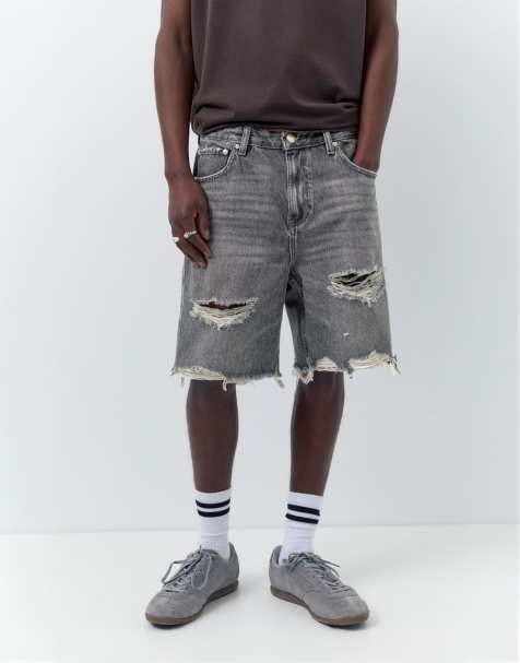 Pull&Bear - Mørkegrå bermudashorts i denim med lige ben - view 1