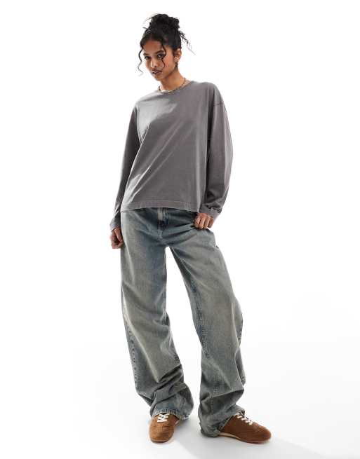 Pull&Bear - Mørkegrå forvasket T-shirt med lange ærmer og oversized pasform, 2 af 4
