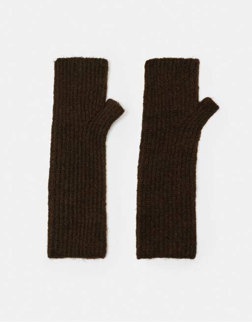 Pull&Bear muffole basic in maglia marroni in lana, 2 di 4