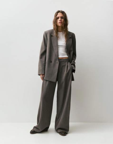 Pull&Bear – Mullvadsbrun, randig, dubbelknäppt kavaj - view 1