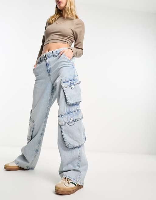 Pull&Bear multi pocket cargo jean in washed blue gray