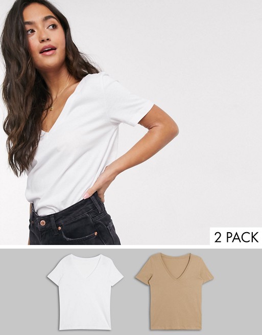 Pull&Bear multipack v neck t-shirt in white and tan