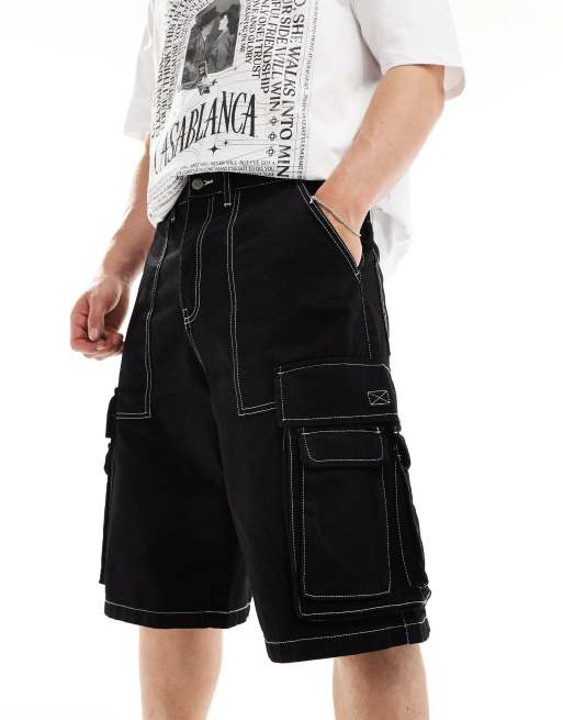 Pull&Bear multipocket denim cargo short in black 