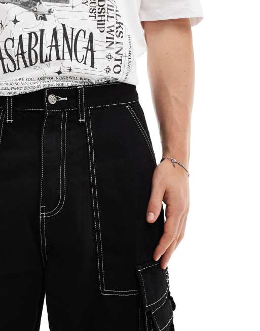 Pull&Bear multipocket denim cargo shorts in black ASOS