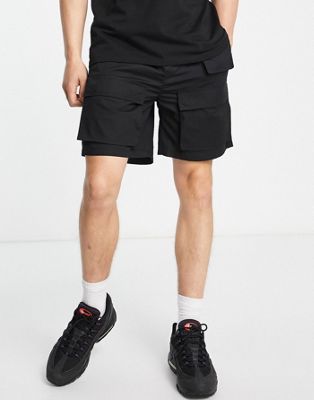 Pull&Bear multipocket tech cargo shorts in black