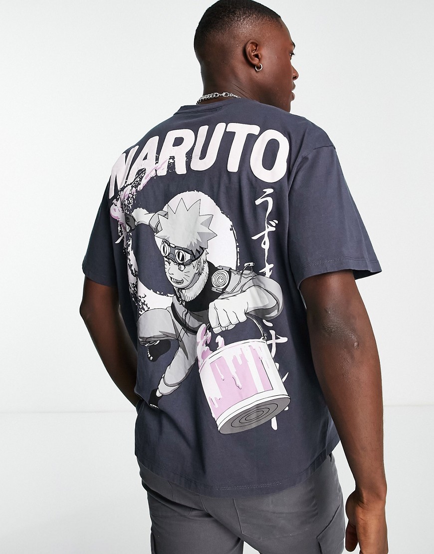 Pull & Bear Naruto paint back print T-shirt in black