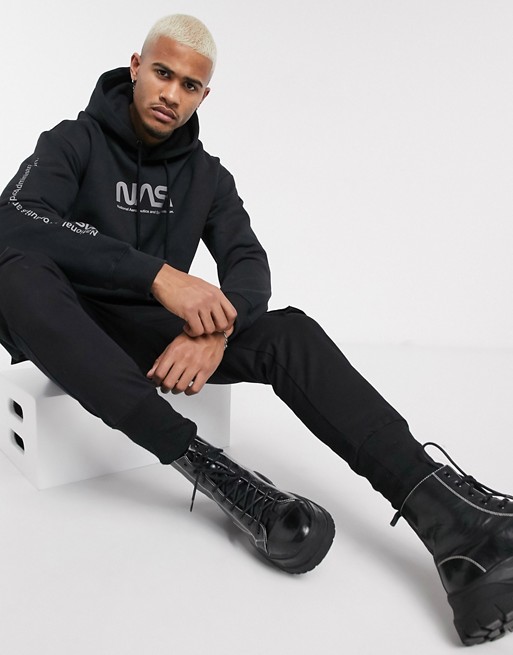 Pull&Bear NASA hoodie with chest and back print in black