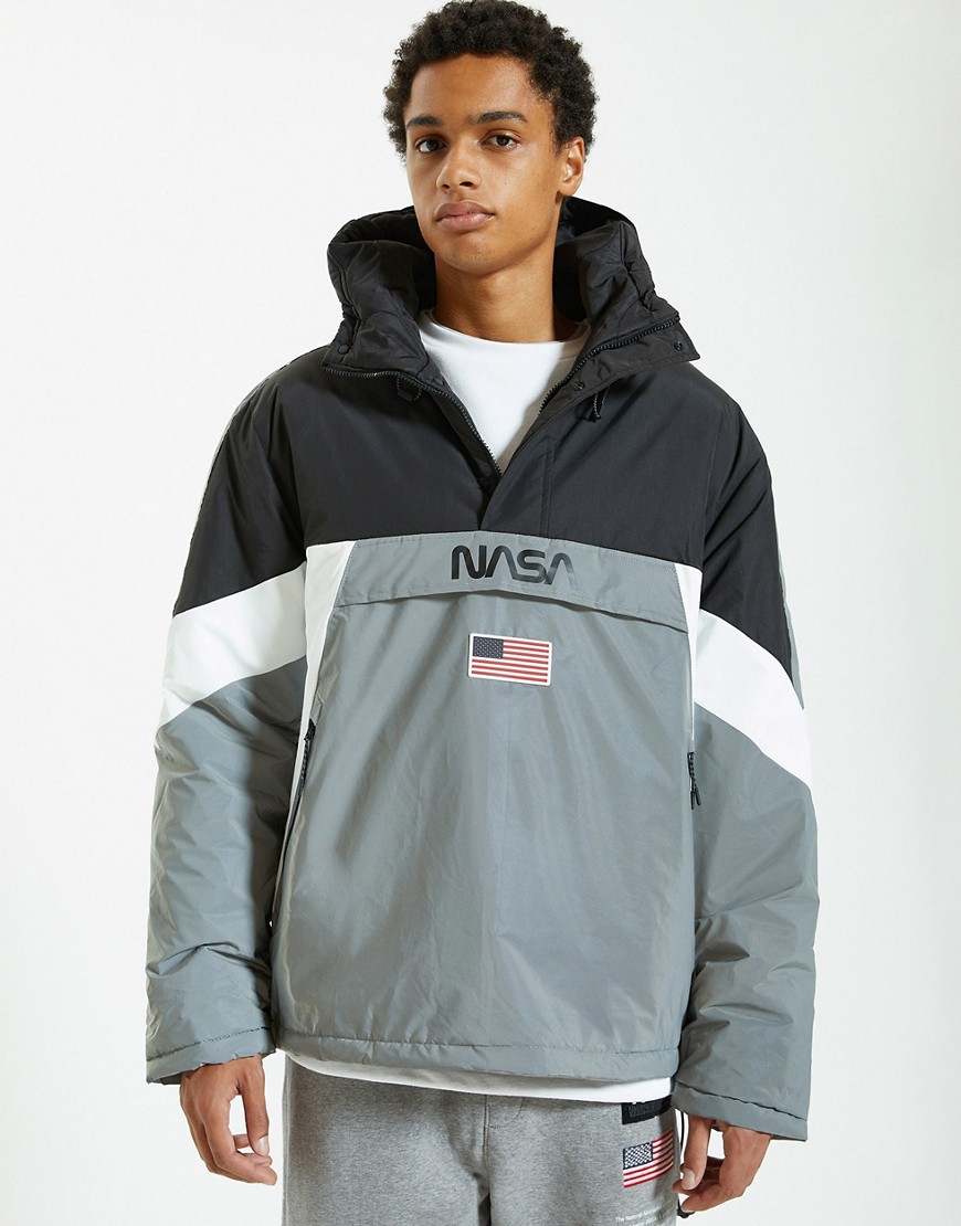 Pull & Bear Nasa overhead jacket in gray color block-Grey