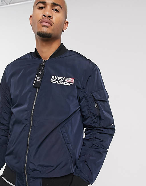Sunny Automation Quagga Pull&Bear NASA padded bomber jacket with back print in navy | ASOS