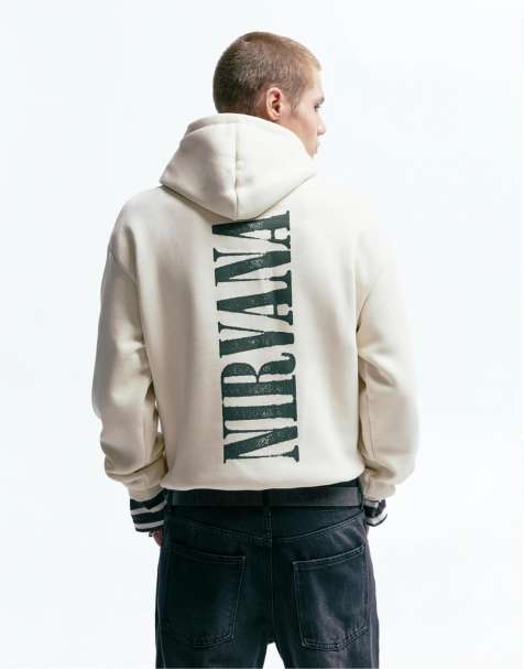 Pull&Bear – Naturvit huvtröja med 'Nirvana'-tryck - view 1