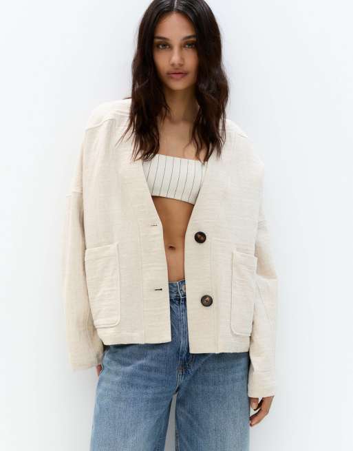 Pull&Bear – Naturvit kimonojacka i linne stil
