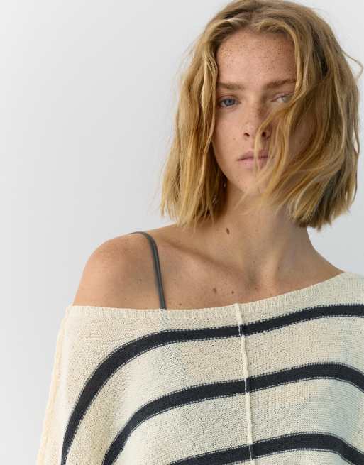 Pull&Bear – Naturvit, marinblårandig tröja med dekorativ söm, 3 av 4