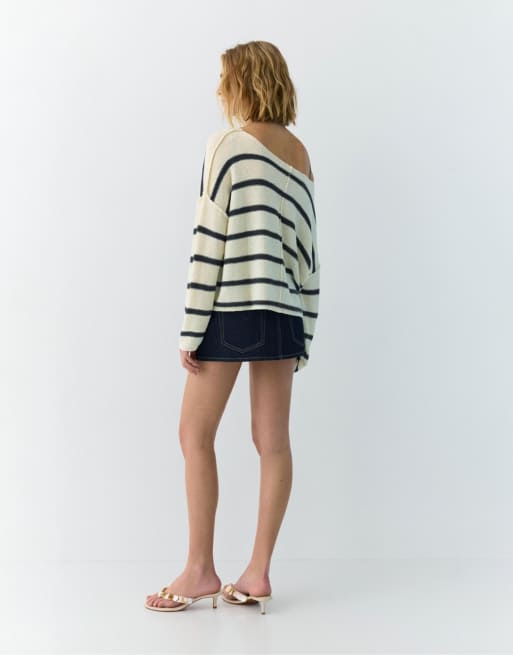 Pull&Bear – Naturvit, marinblårandig tröja med dekorativ söm, 4 av 4