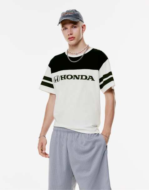 Pull&Bear – Naturvit, panelsydd t-shirt med Honda-tryck - view 1