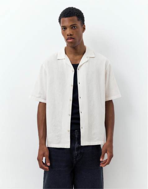 Pull&Bear – Naturvit skjorta i linnemix med korta ärmar - view 1
