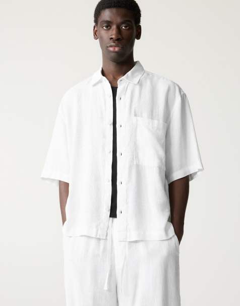 Pull&Bear – Naturvit skjorta med boxig passform i 100% linne - view 1