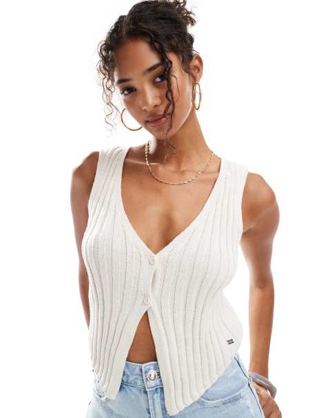 Pull&Bear – Naturvit, stickad topp i kostymvästdesign - view 1