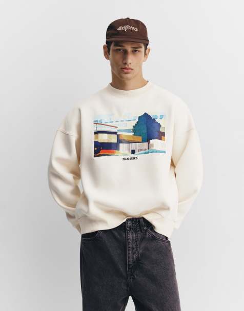 Pull&Bear – Naturvit sweatshirt med broderad logga och tryck - view 1