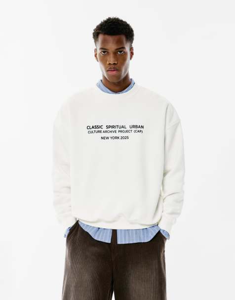 Pull&Bear – Naturvit sweatshirt med texttryck - view 1