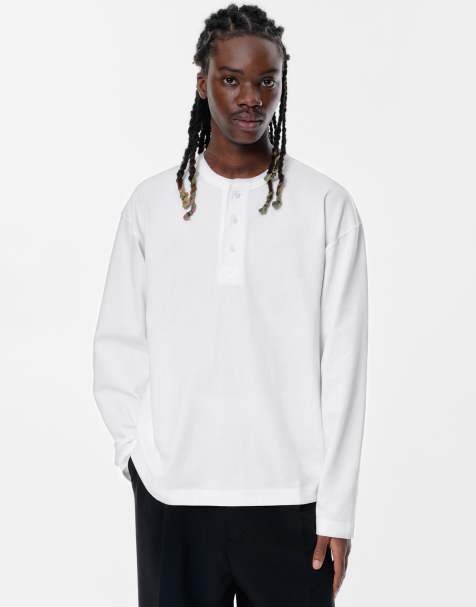 Pull&Bear – Naturvit t-shirt i henleystil med knäppning - view 1