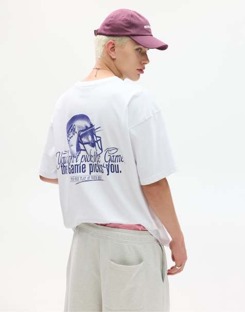 Pull&Bear – Naturvit t-shirt med boxig passform och amerikansk fotbollstryck - view 1