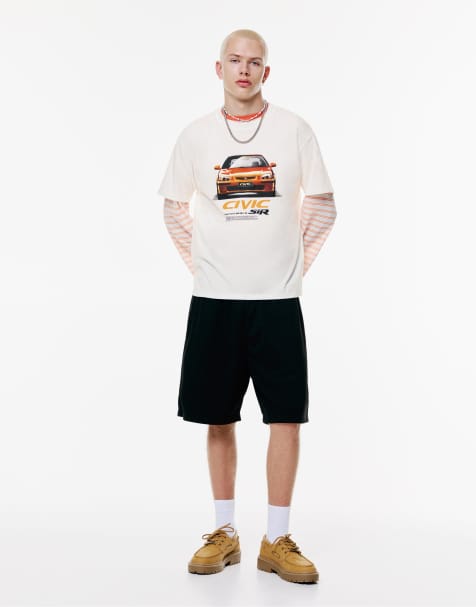 Pull&Bear – Naturvit t-shirt med Honda Civic-tryck - view 1