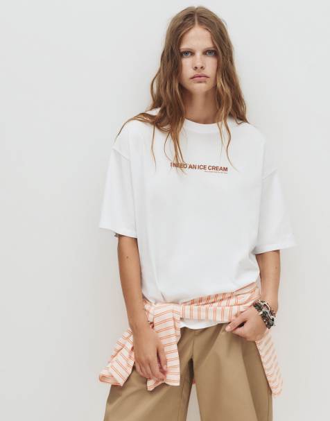 Pull&Bear – Naturvit t-shirt med Ice Cream-tryck - view 1