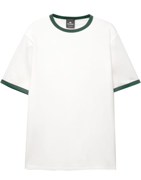 Pull&Bear – Naturvit t-shirt med kontrasterande, ribbade muddar - view 1