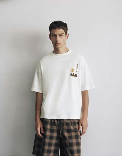 Pull&Bear – Naturvit t-shirt med korta ärmar och tryck - view 1