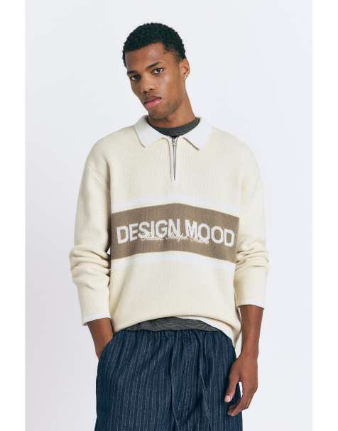 Pull&Bear – Naturvit, texturerad pikétröja med dragkedja - view 1