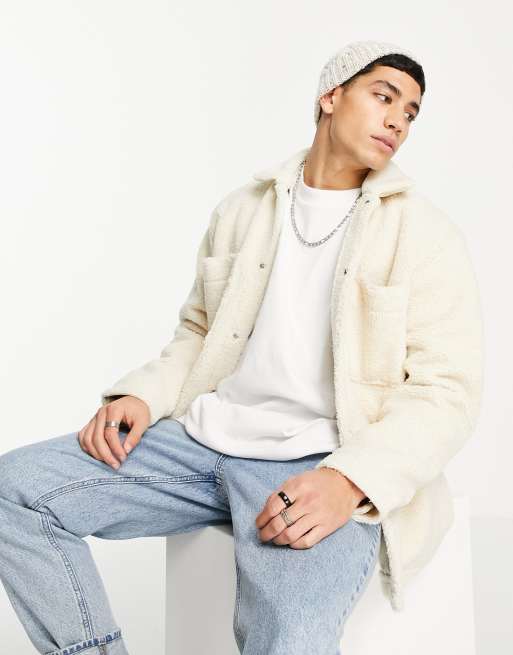 Pull&Bear – Naturvit truckerjacka i teddy 
